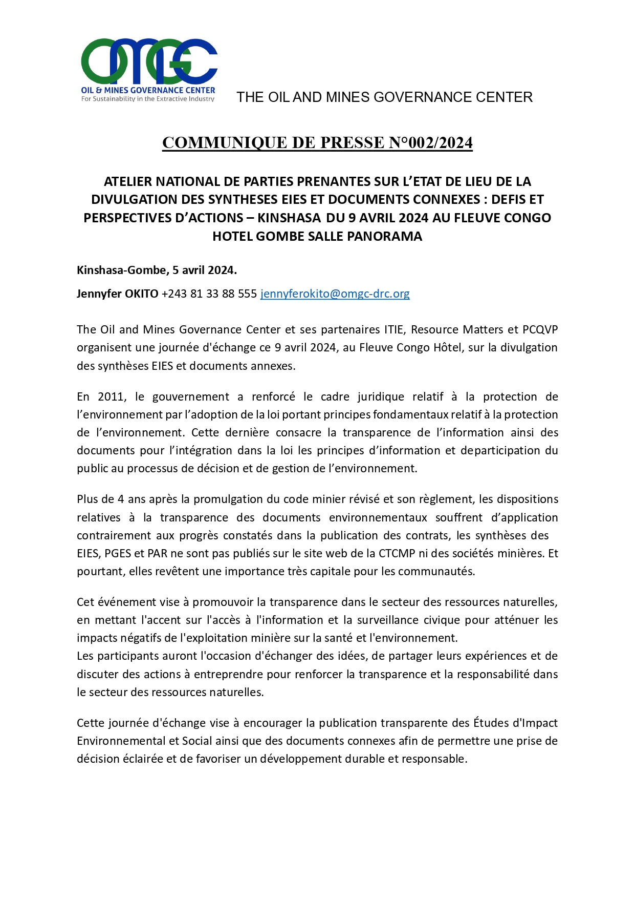 COMMUNIQUE DE PRESSE N°002/2024 ATELIER NATIONAL DE PARTIES PRENANTES ...