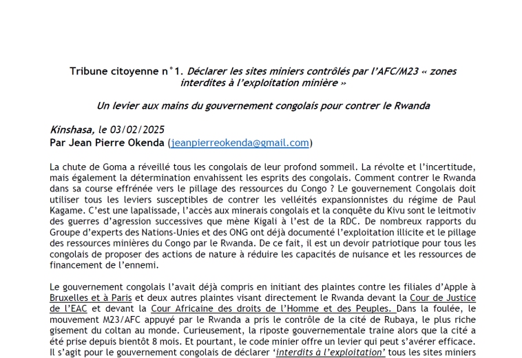 Tribune citoyenne n°1: Déclarer les sites miniers contrôlés par l’AFC/M23 « zones interdites à l’exploitation minière » Un levier aux mains du gouvernement congolais pour contrer le Rwanda