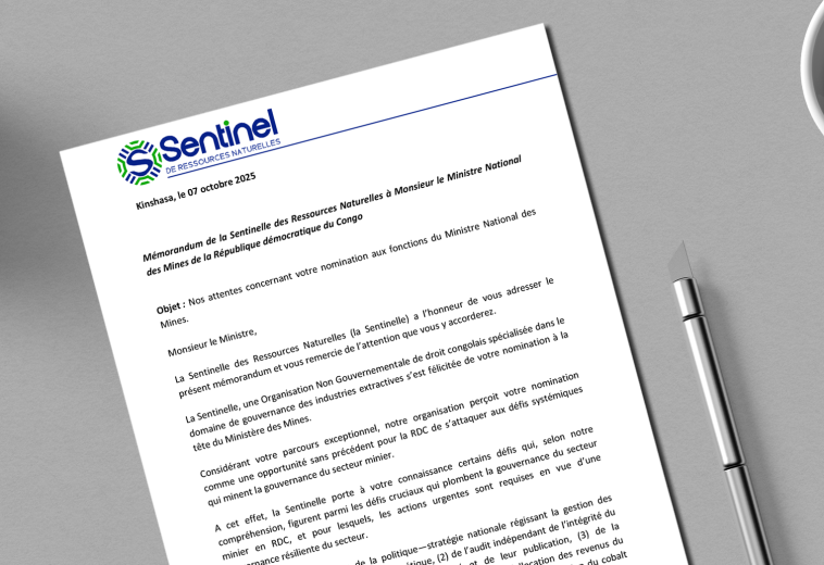 Mémorandum de la Sentinelle des Ressources Naturelles à Monsieur le Ministre National des Mines de la République démocratique du Congo